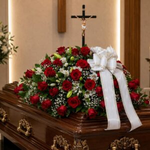 CUBRE CAJA DE CONDOLENCIAS ROSAS ROJAS